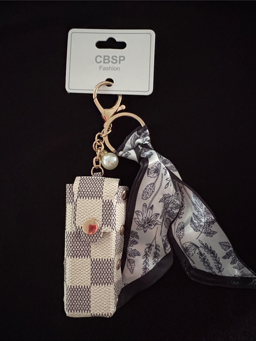 Gold-Tone Fashion Checker Lipstick Holder Keychain Bag Charm with Scarf